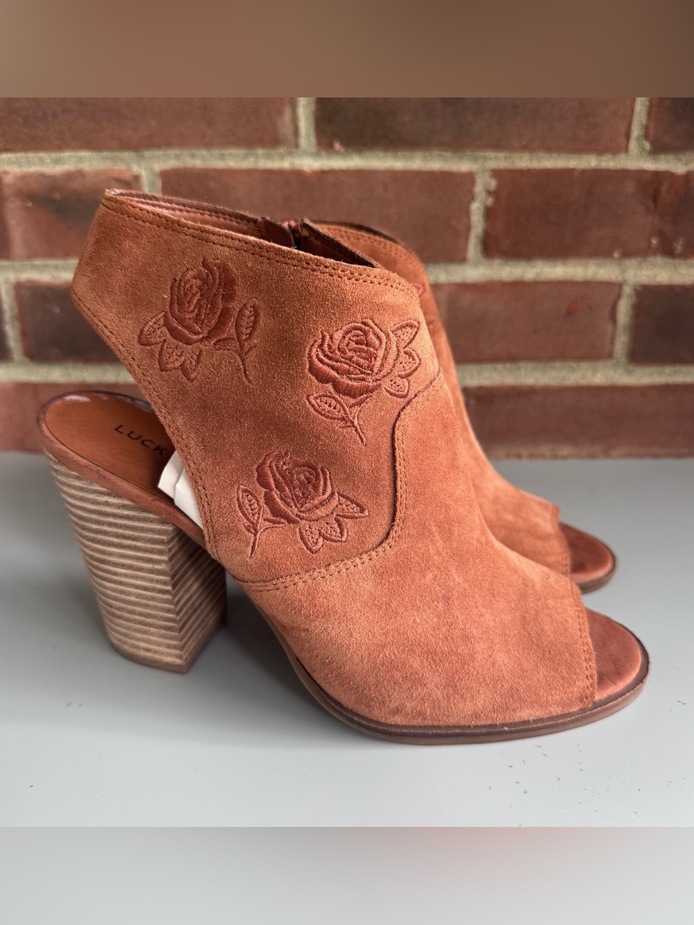 Lucky Brand Suede Floral Embroidered Open Toe Booties Womens US 10 M Brown